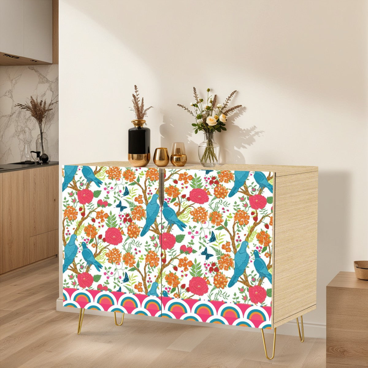 Chinoiserie Floral Pink, Blue, Golden Yellow Modern Elegant Wooden Storage Cabinet