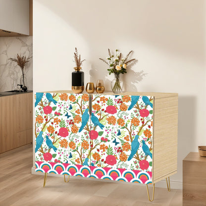 Chinoiserie Floral Pink, Blue, Golden Yellow Modern Elegant Wooden Storage Cabinet