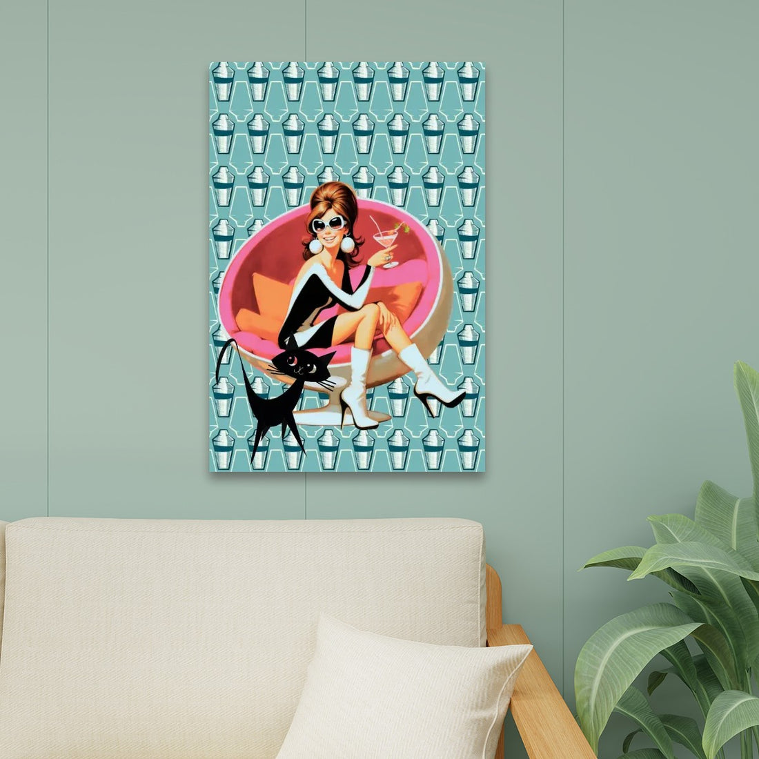 Mid Century Modern Wall Art, Mid Mod Gal, Martini Time, Atomic Cat Canvas Wall Art - Mid Century Modern Gal