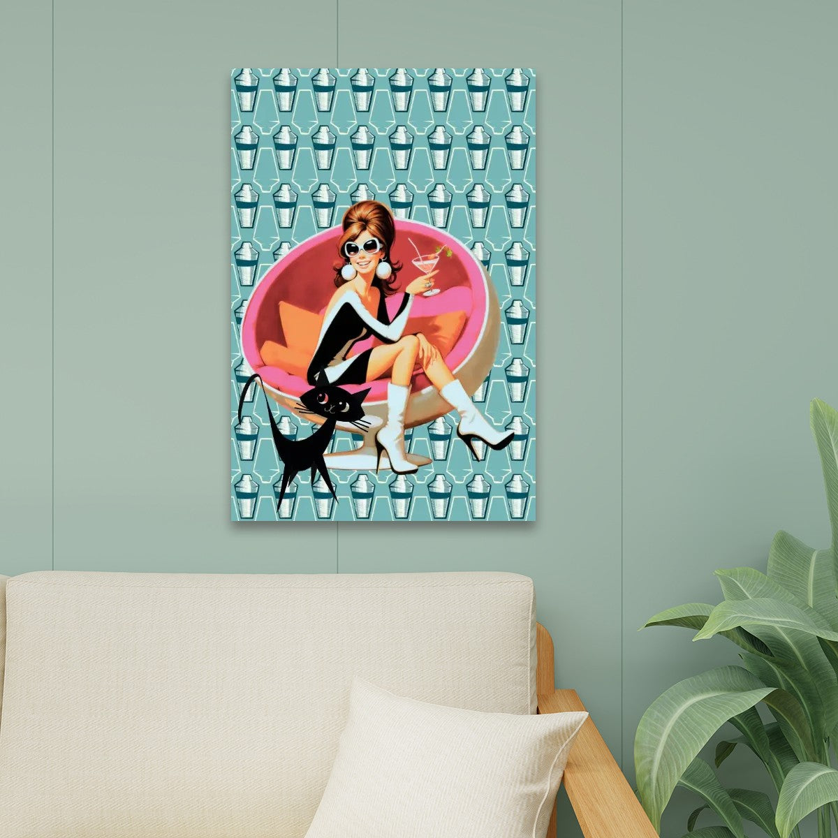 Mid Century Modern Wall Art, Mid Mod Gal, Martini Time, Atomic Cat Canvas Wall Art - Mid Century Modern Gal