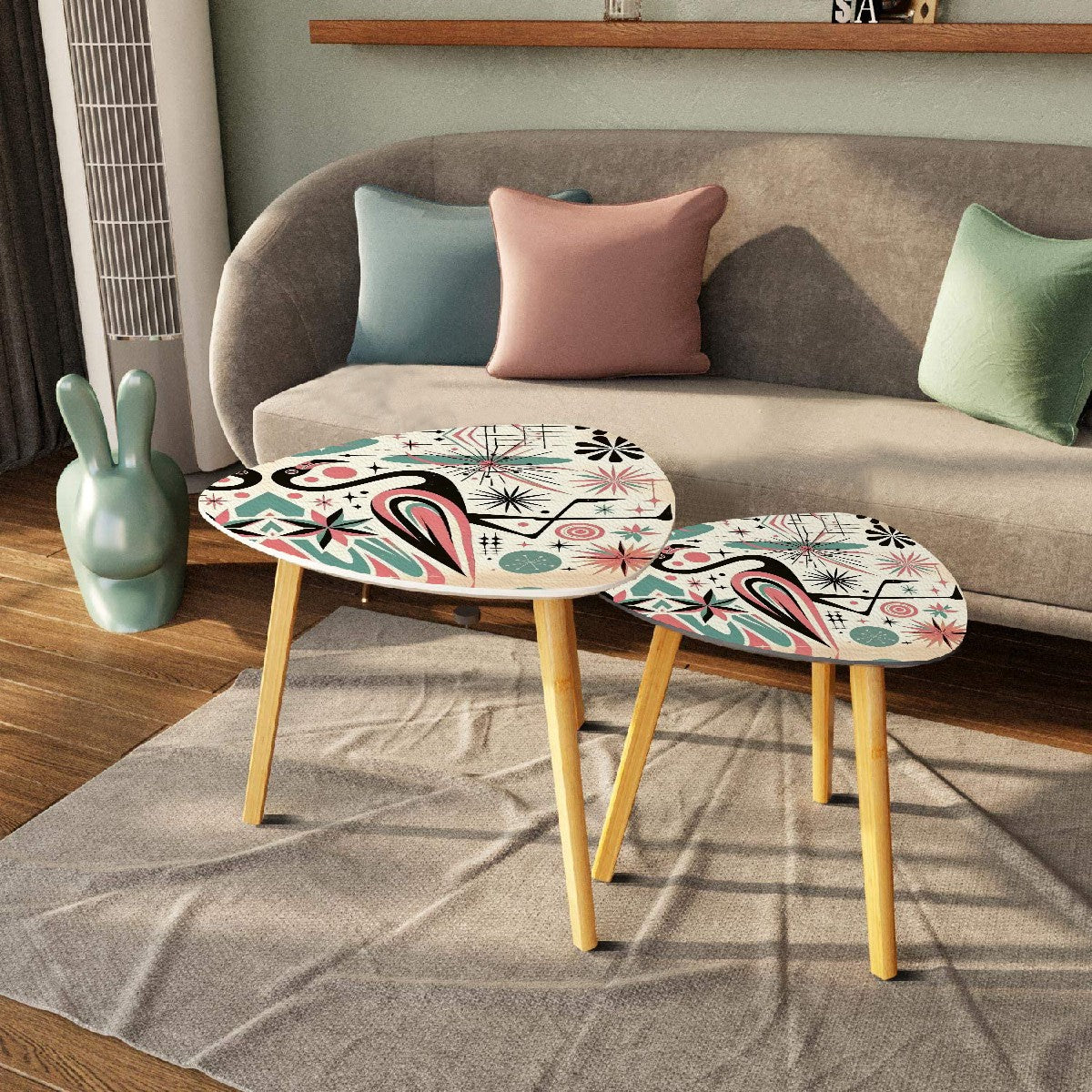 Kitschy 50s Flamingo Mid Century Modern Nesting Tables, Black, Pink, Teal MCM Home Decor - Mid Century Modern Gal