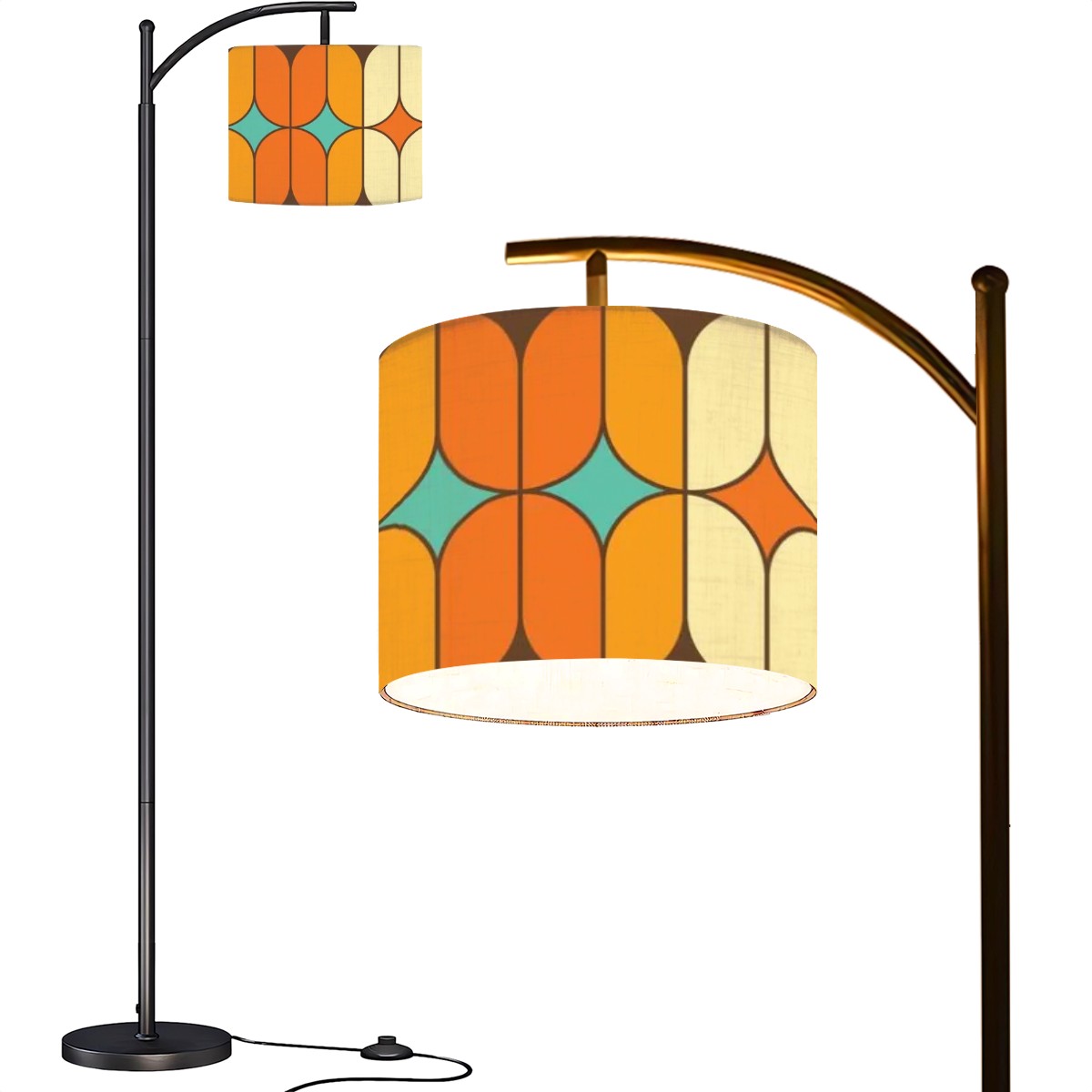 Mid Century Modern Arc Floor Lamp, Orange, Teal Geometric Designed Mod Lighting