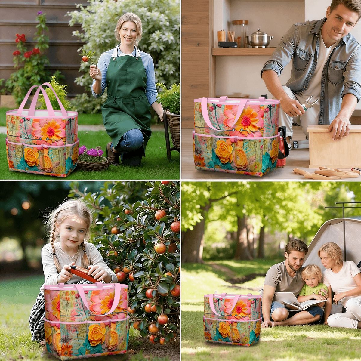 Bohemian Retro Flower, Faux Pressed Floral Mod Garden Tool Bag