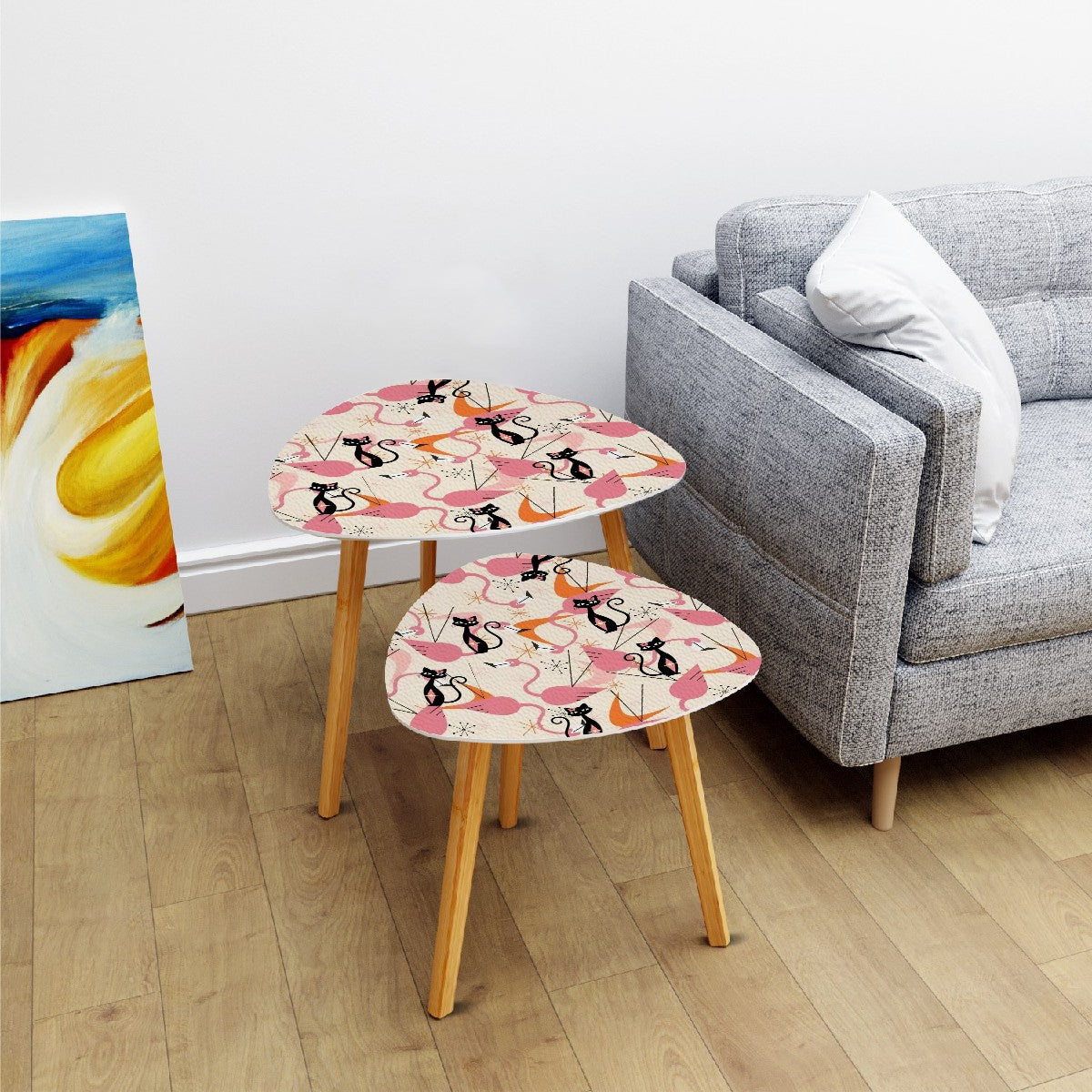 Mid Century Modern Nesting Tables Adorned With Dancing Flamingos And Atomic Cats - Mid Century Modern Gal