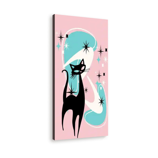 Atomic Cat Wall Art, Mid Century Modern Boomerang, Pink Aqua Large Canvas Print