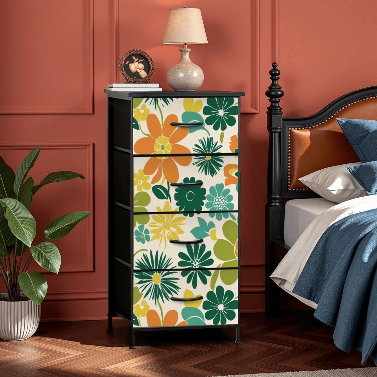 70s Flower Power Retro Groovy Mod Orange Yellow Teal Green 4-Drawer Dresser - Mid Century Modern Gal