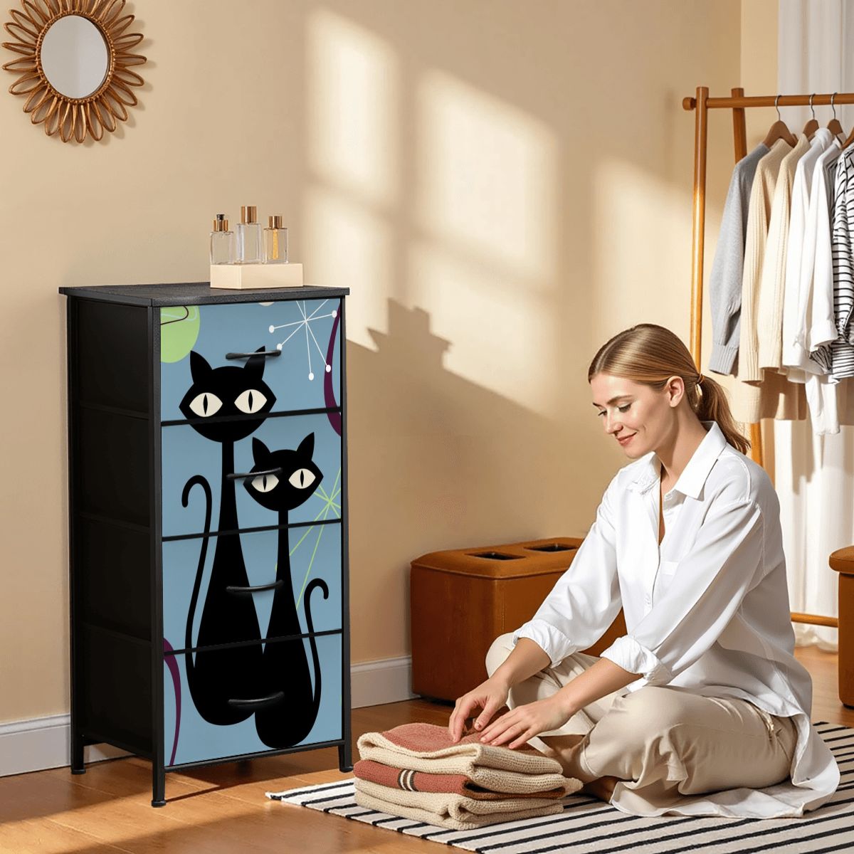 Atomic Cat Kitschy Fun Blue Boomerang Design Modern 4-Drawer Dresser - Mid Century Modern Gal