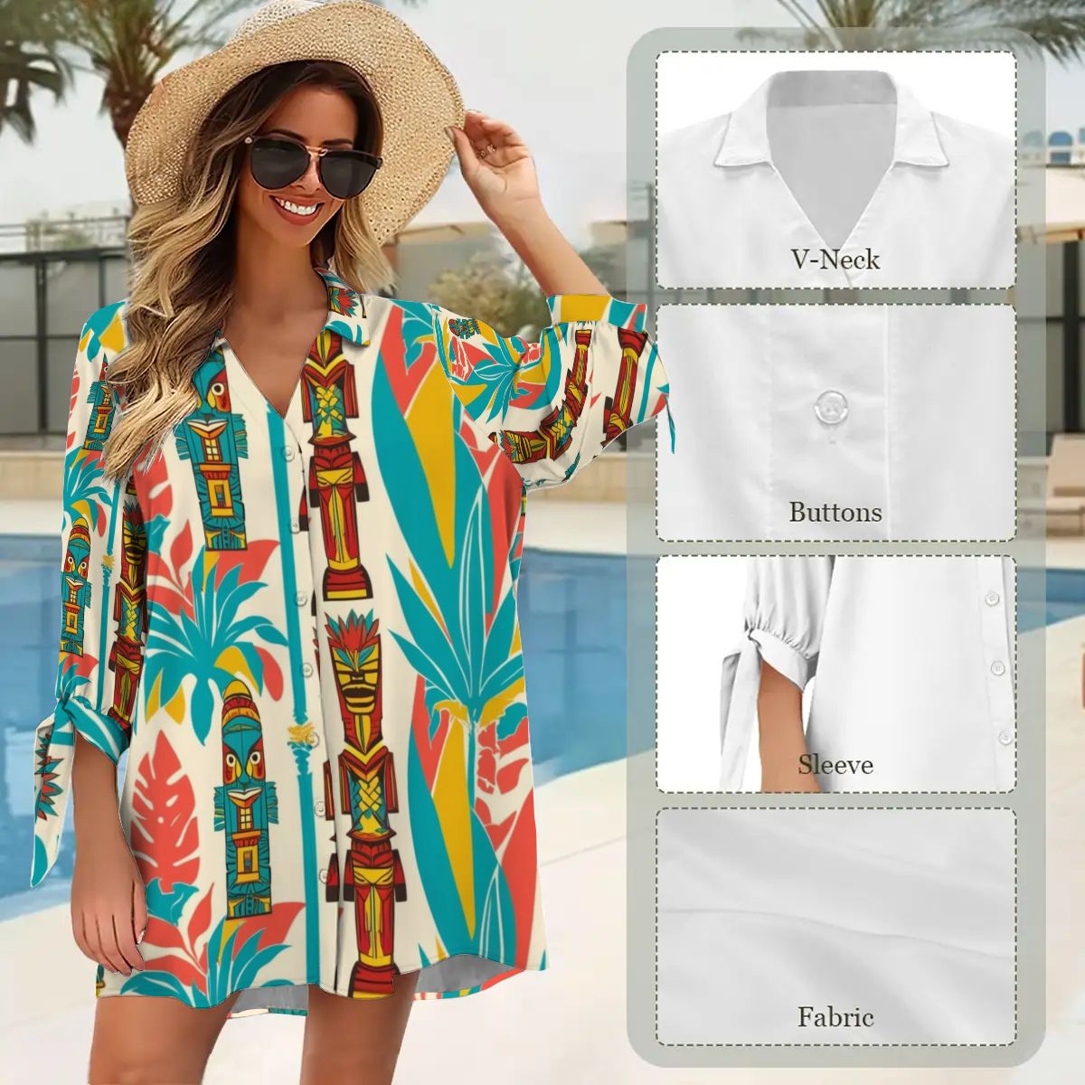 Retro Tiki Summer Mod Vibes, Coverup Blouse Women's Cardigan Shirt Three-Quarter Sleeve - Mid Century Modern Gal
