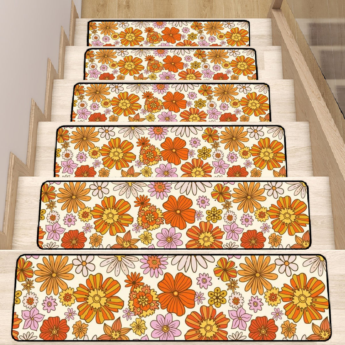 Mod 70s Flower Power Golden Yellow, Orange Funky Fun Non Slip Carpet for Stairs Treads - Mid Century Modern Gal