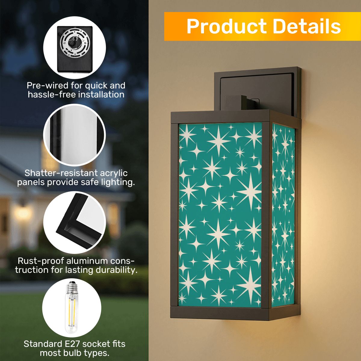 Mid Century Modern Atomic Starburst Aqua Blue Mid Mod Entry, Patio Wall Light - Mid Century Modern Gal