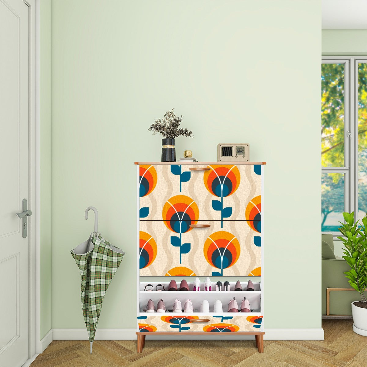Scandinavian Designed Mid Century Modern Shoe Organizer, Orange Blue Floral Design - Mid Century Modern Gal