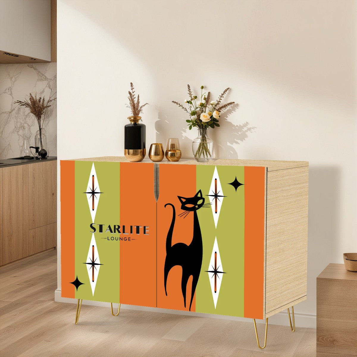 Mid Century Modern Bar Credenza, Atomic Cat, Starburst Diamonds Starlite Lounge MCM Wooden Storage Cabinet - Mid Century Modern Gal