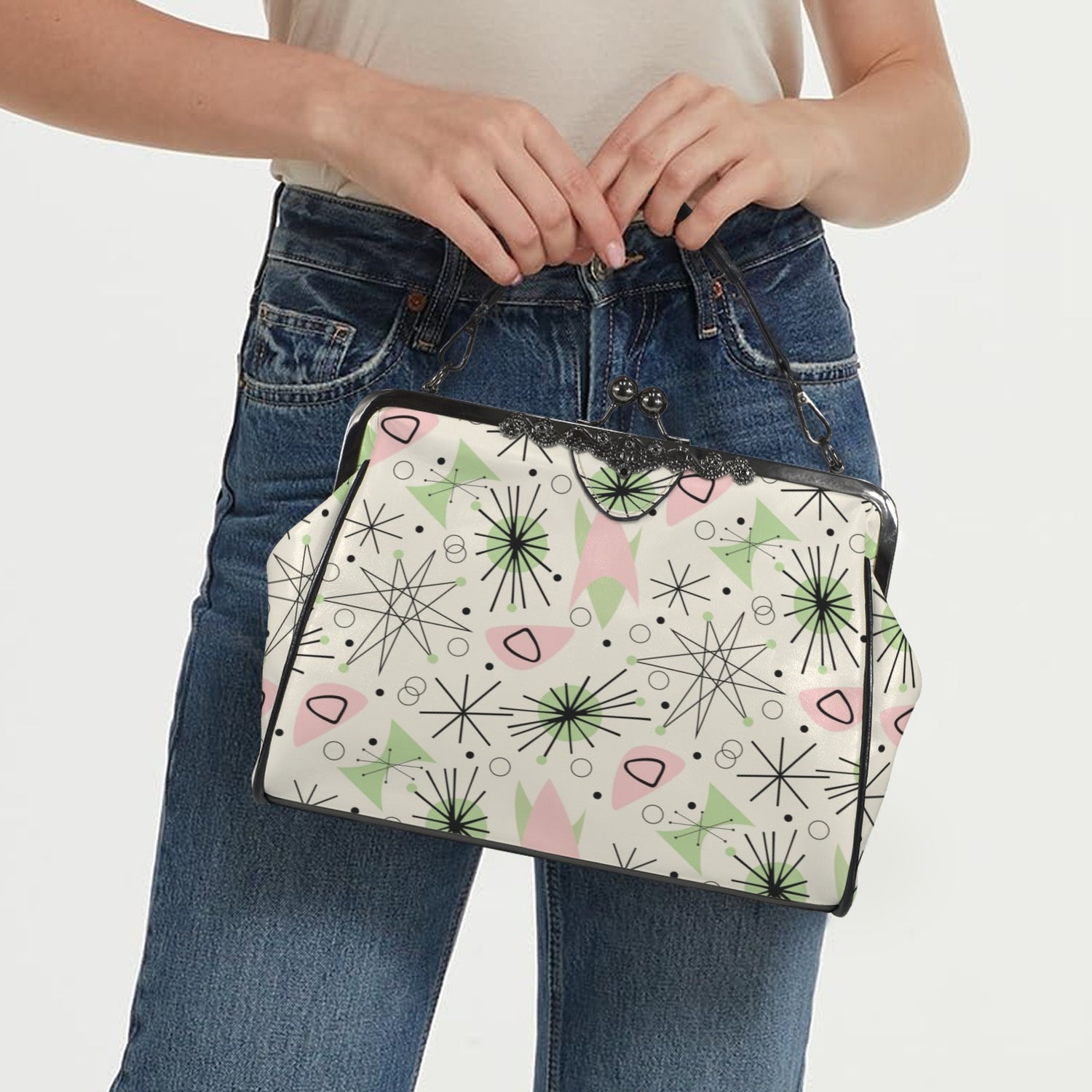 Mid Century Modern Atomic Starburst Vanilla White Pink Green Kisslock Crossbody Purse - Mid Century Modern Gal