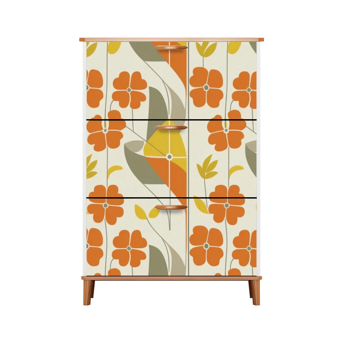 Mid Century Modern Shoe Cabinet, Scandinavian Modern Danish Flower, Orange Yellow, Gray Mod Furniture - Mid Century Modern Gal