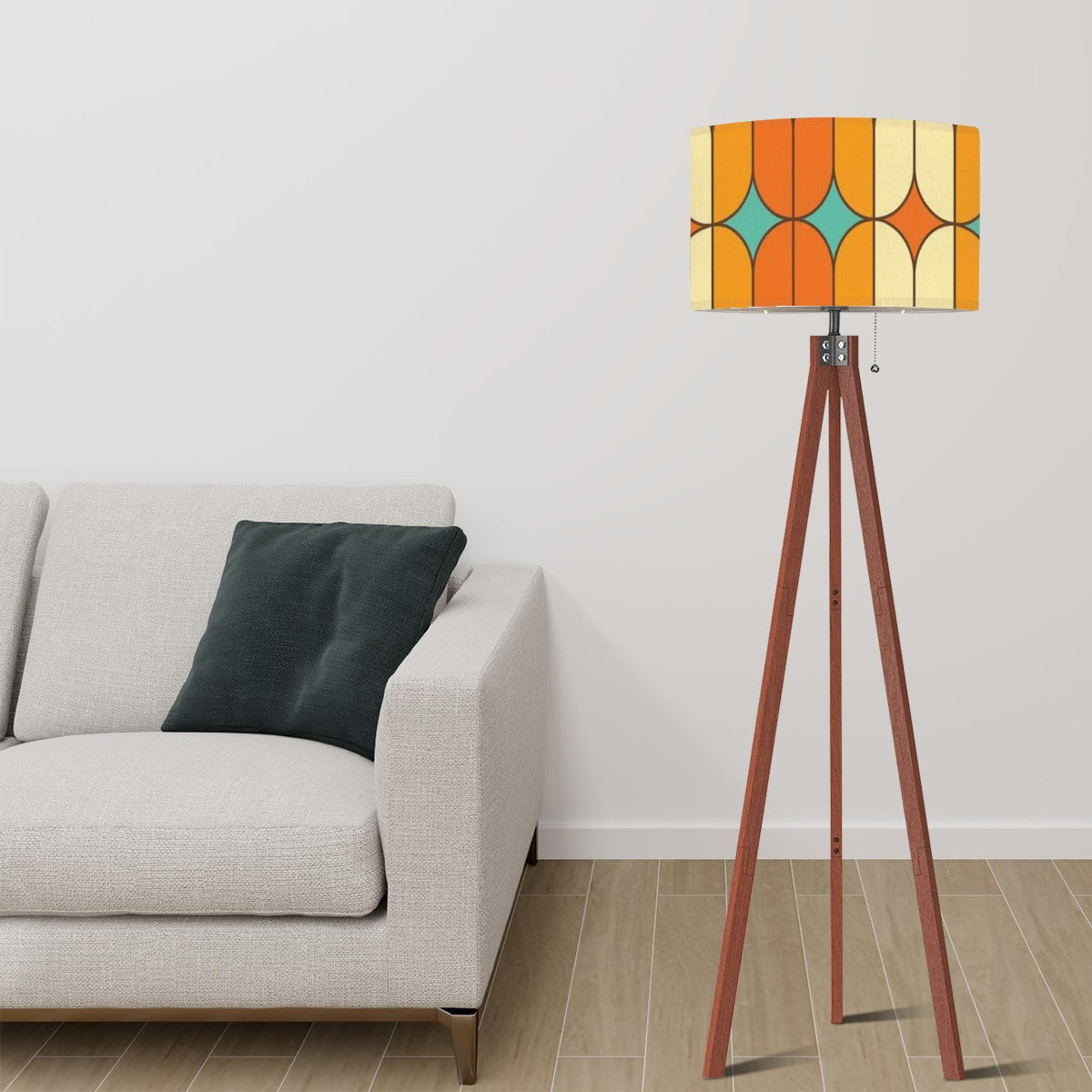 Mid Century Modern Tripod Floor Lamp, Orange, Teal Geometric Mod Designed