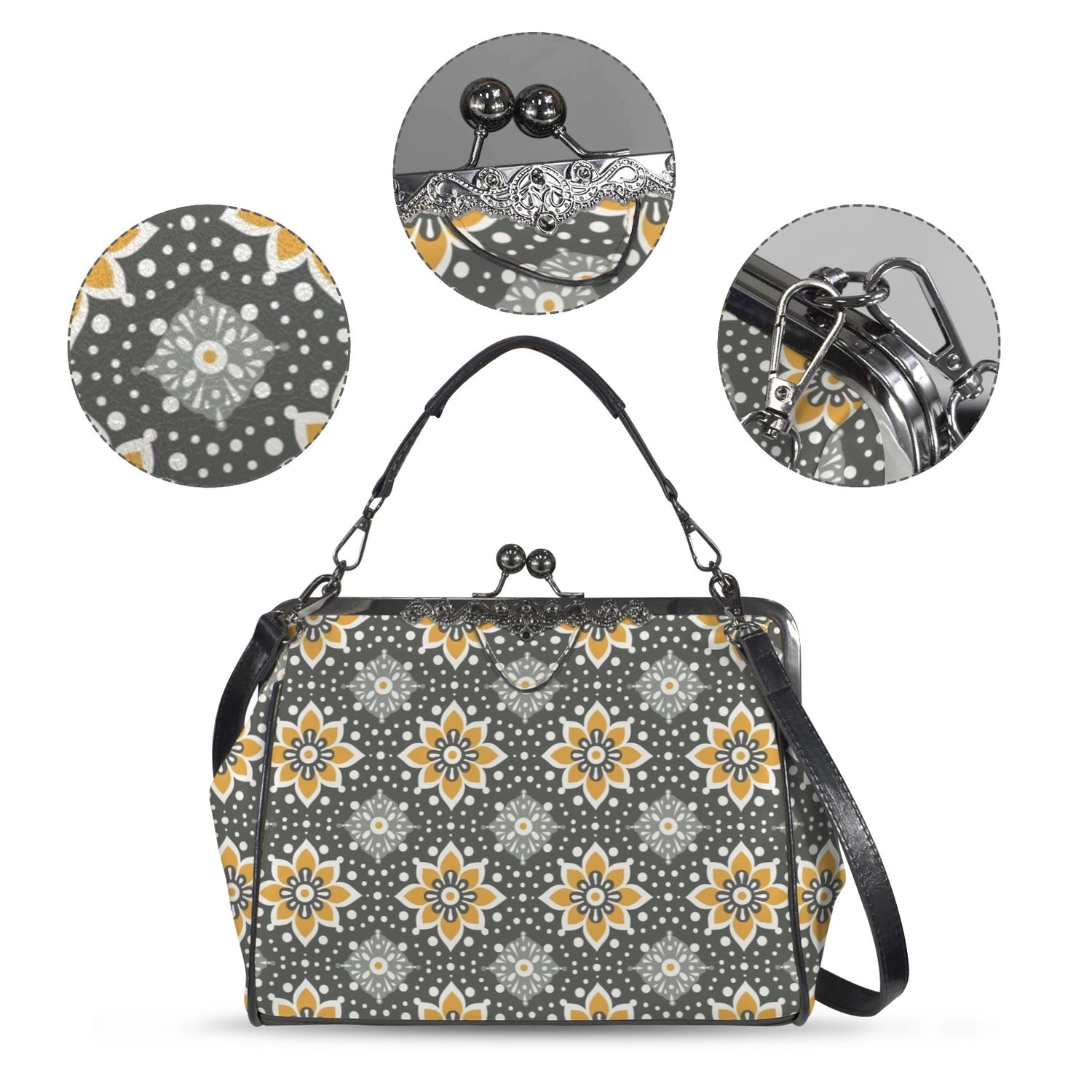 Floral Bohemian Retro Gray Yellow Modern Kisslock Crossbody Purse - Mid Century Modern Gal