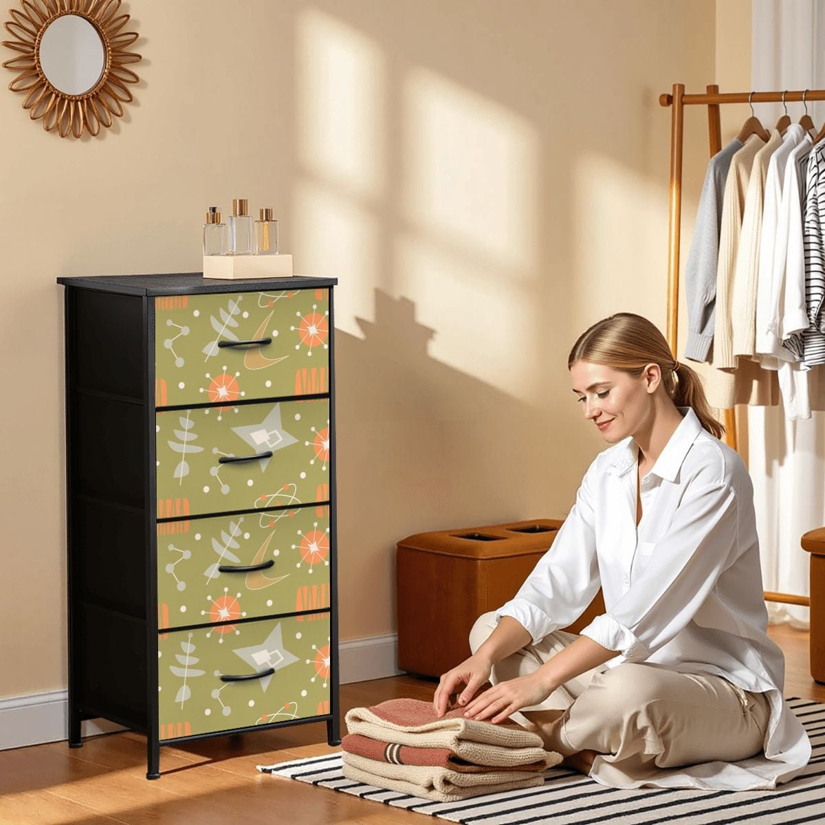 Atomic Starburst Green Orange Boomerang Space Age MCM 4-Drawer Dresser - Mid Century Modern Gal