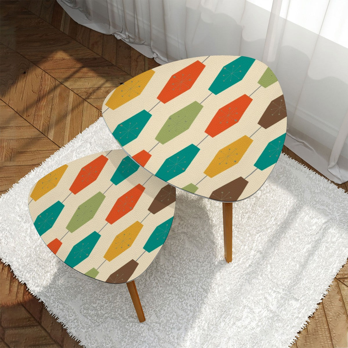 Mid Century Modern Groovy Lantern Starburst Designed Triangle Coffee Table Set of 2 - Mid Century Modern Gal