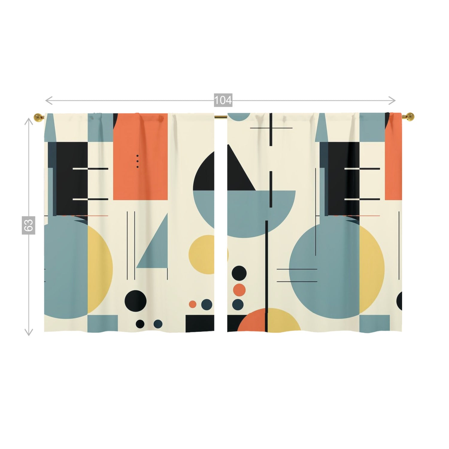 Mid Century Modern Geometric Bauhaus, Orange, Yellow Blue, Black Mod Window Curtains (two panels)