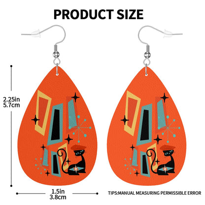 Atomic Cat Earrings, Mid Mod Orange Retro Geometric Designed Faux Leather Teardrop Earrings - Mid Century Modern Gal