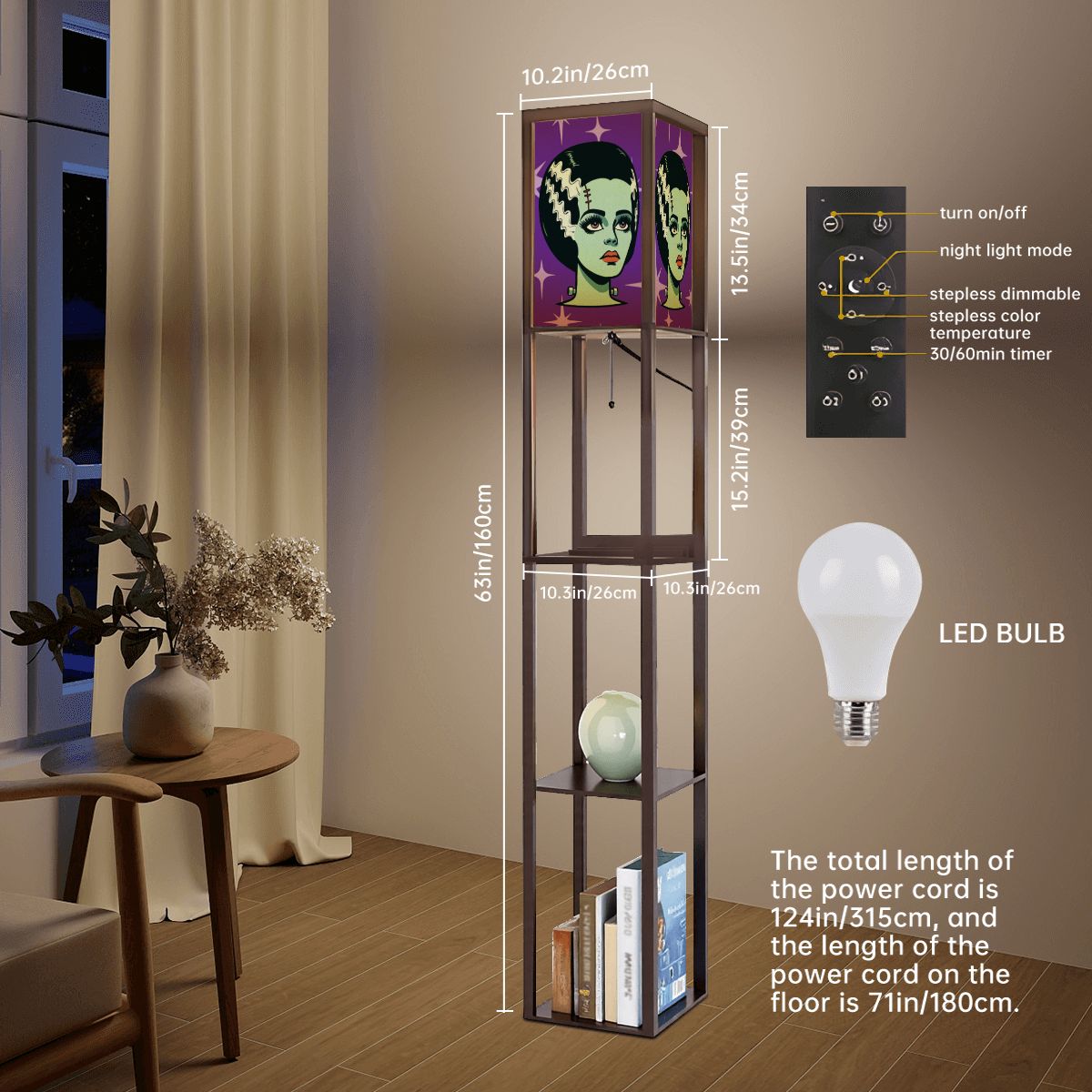 Bride of Frankenstein Retro Mid Mod Horror Buff Purple Halloween Floor Lamp with Shelves - Mid Century Modern Gal