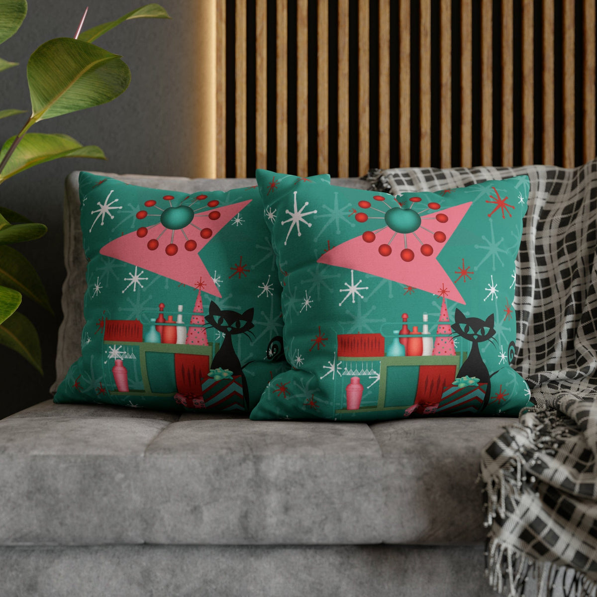 50's Atomic Cat Christmas Design, Kitschy Fun Cocktail Party Retro Christams Home Decor Pillow Cover Home Decor