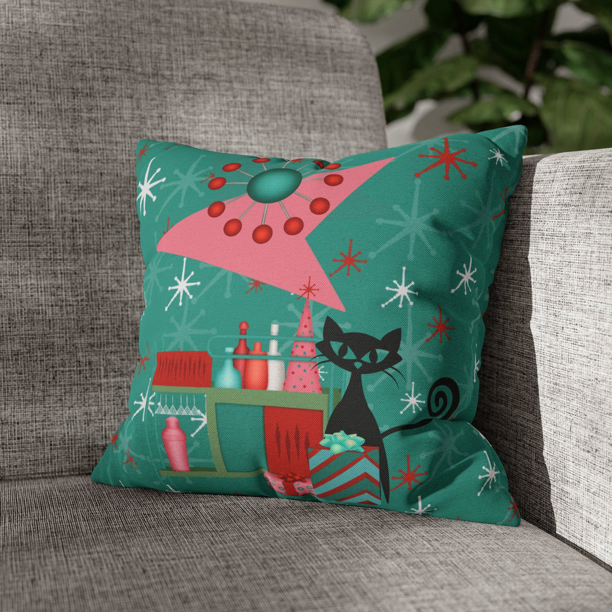 50's Atomic Cat Christmas Design, Kitschy Fun Cocktail Party Retro Christams Home Decor Pillow Cover Home Decor