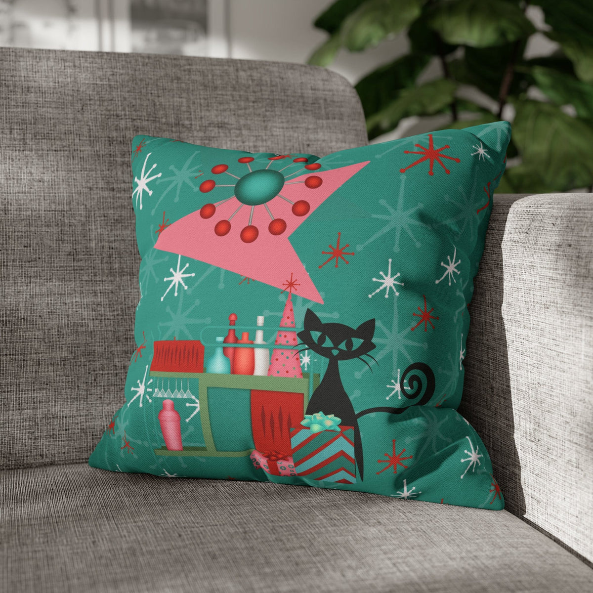 50's Atomic Cat Christmas Design, Kitschy Fun Cocktail Party Retro Christams Home Decor Pillow Cover Home Decor