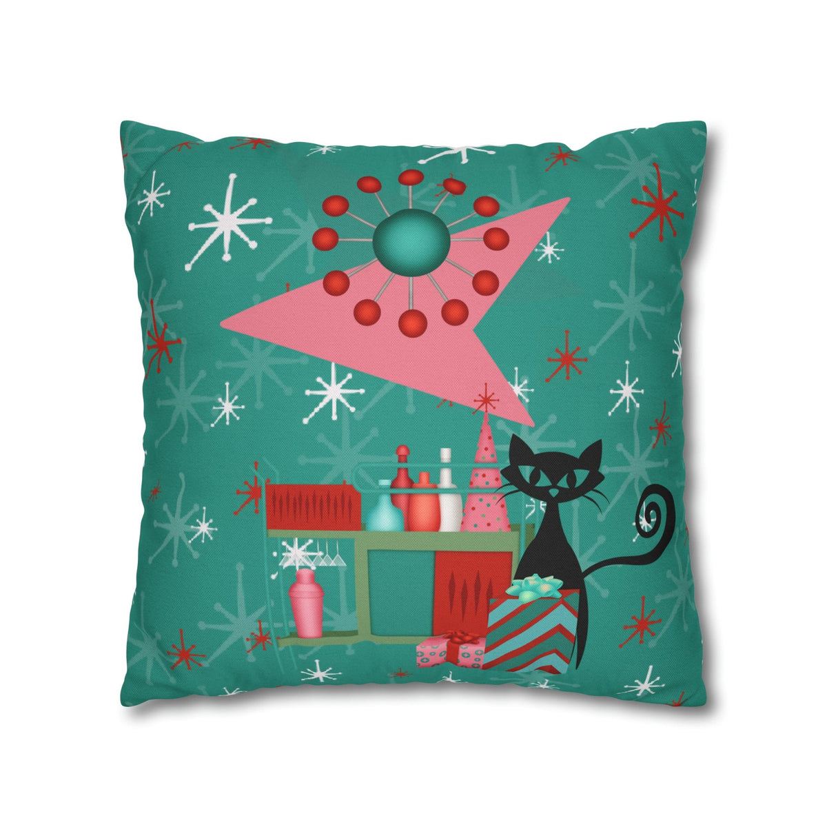 50's Atomic Cat Christmas Design, Kitschy Fun Cocktail Party Retro Christams Home Decor Pillow Cover Home Decor