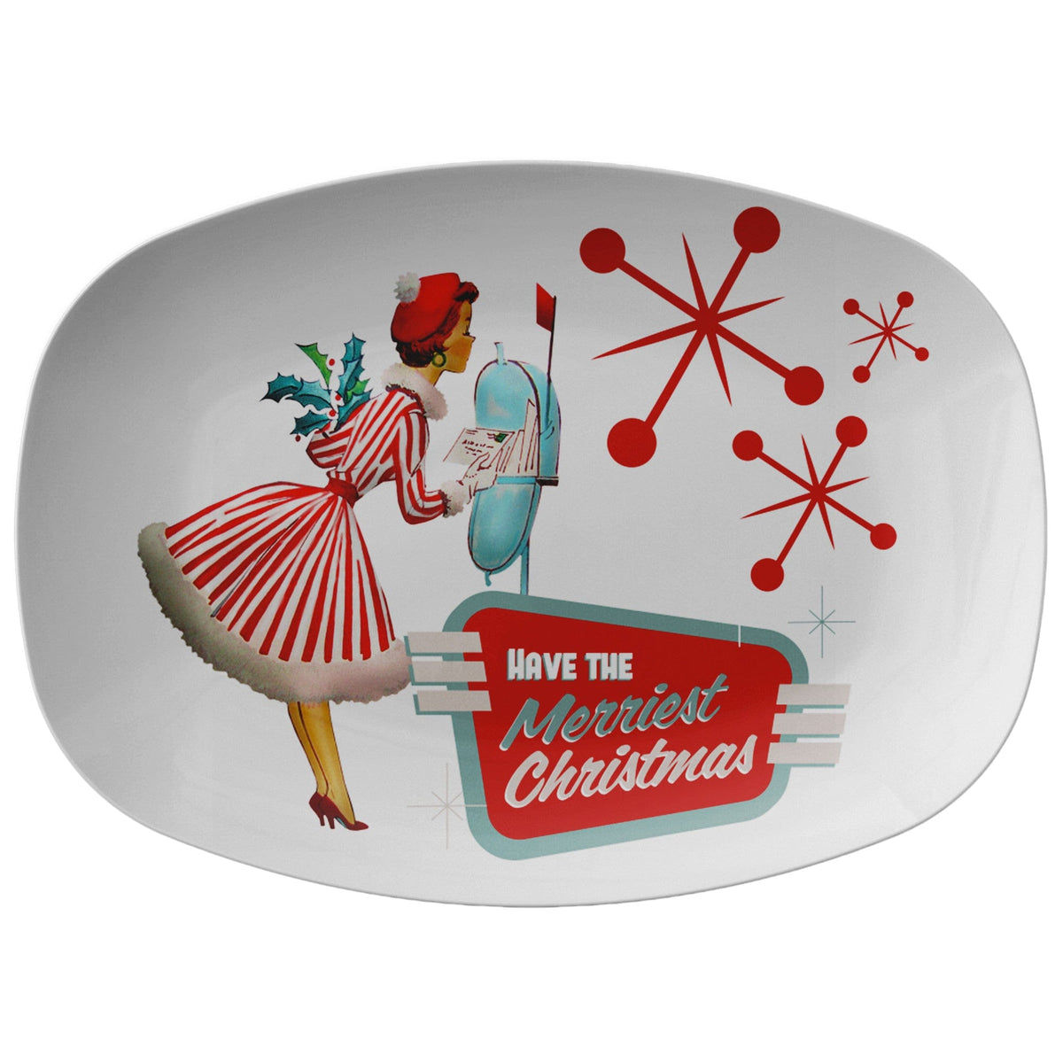 50's Atomic Christmas Dinner Party Platter, Gift, Retro Kitschy Christmas Dinnerware Kitchenware
