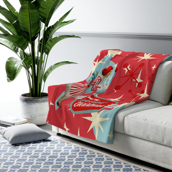 50's Christmas Decor, HolidayMid Century Modern Kitschy Cozy Throw Blanket, Red, Aqua Blue Starbursts, Sherpa Fleece Blanket