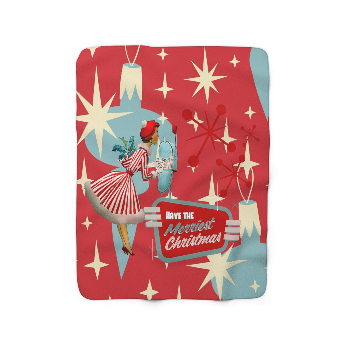 50's Christmas Decor, Holdiay Mid Century Modern Kitschy Cozy Throw Blanket, Red, Aqua Blue Starbursts, Sherpa Fleece Blanket Home Decor