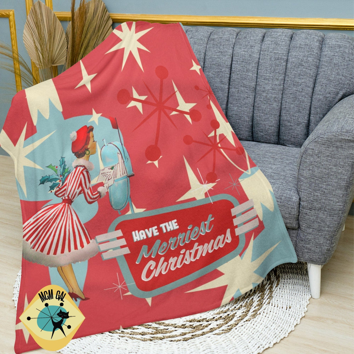 50's Christmas Decor, Holdiay Mid Century Modern Kitschy Cozy Throw Blanket, Red, Aqua Blue Starbursts, Sherpa Fleece Blanket Home Decor