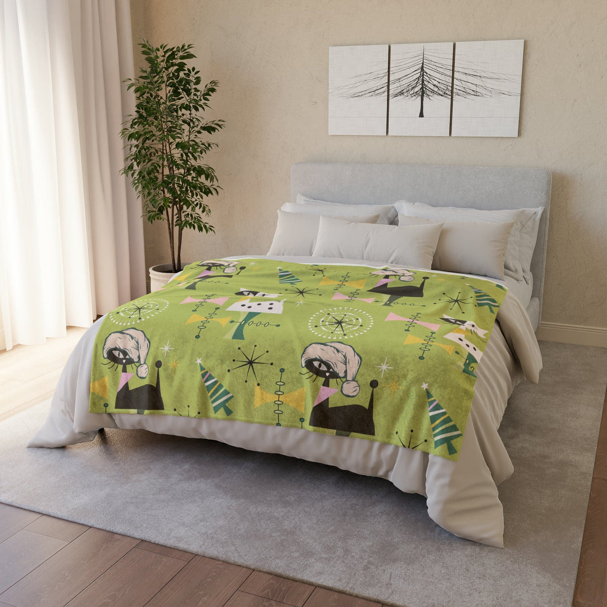 Atomic Cat Designs, Christmas Blanket, 50's Vintage Designs, Green Kitsch Fun Retro Christmas Gift Soft Polyester Blanket Home Decor 50" × 60"
