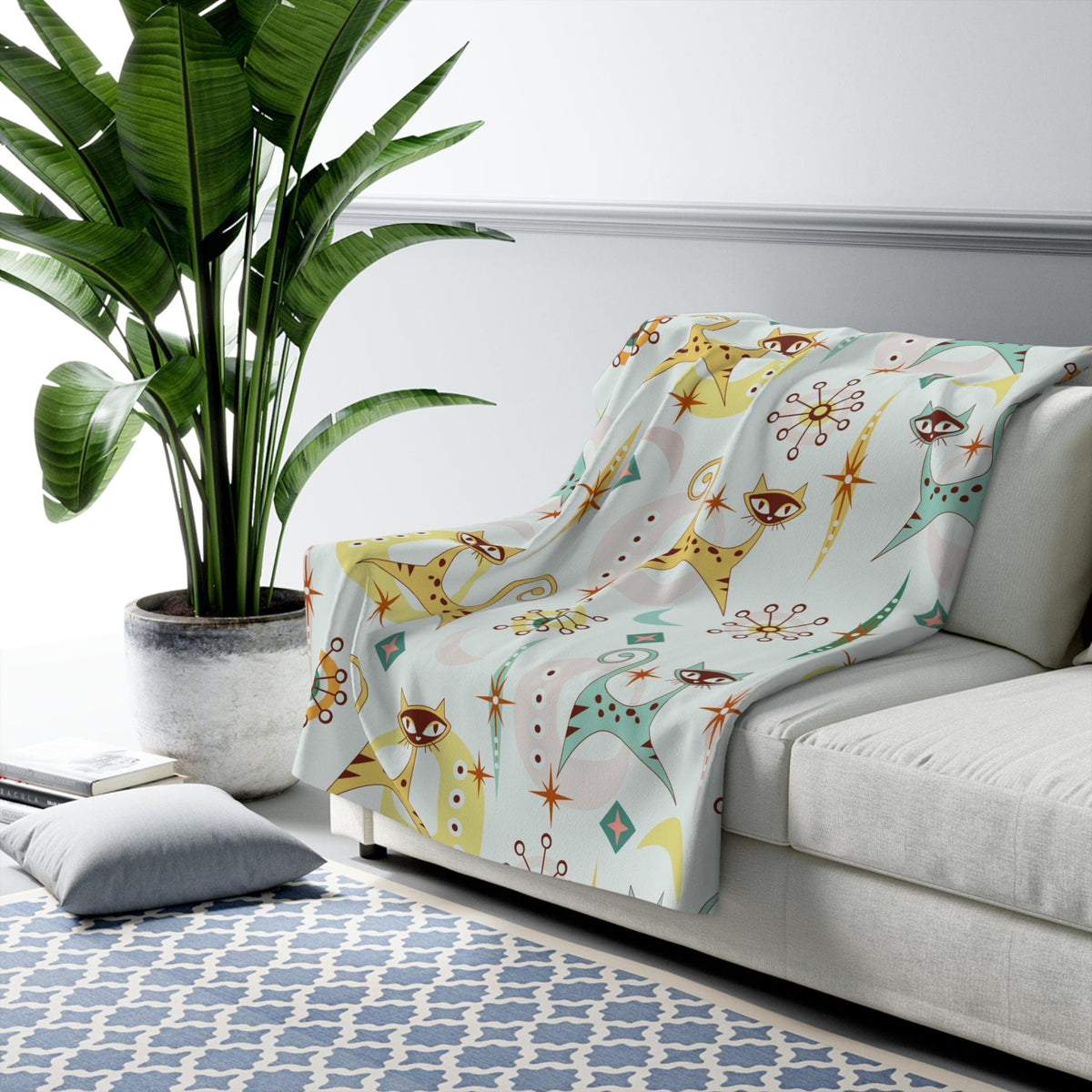 Atomic Cat Designs, Winter White, Aqua Blue, Tiger Yellow, Starburst, Boomerang 50's Style Kitschy Sherpa Fleece Blanket Gift Home Decor 50" × 60"