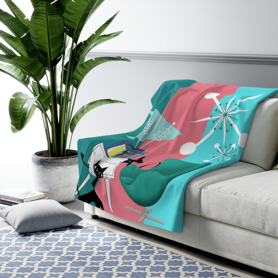 Atomic Cat, Retro Colored TV, Space Age Cats, Pink, Aqua, Teal Mid Century Modern Starbursts, Design by Mid Century Modern Gal Blanket Home Decor 50&quot; × 60&quot;