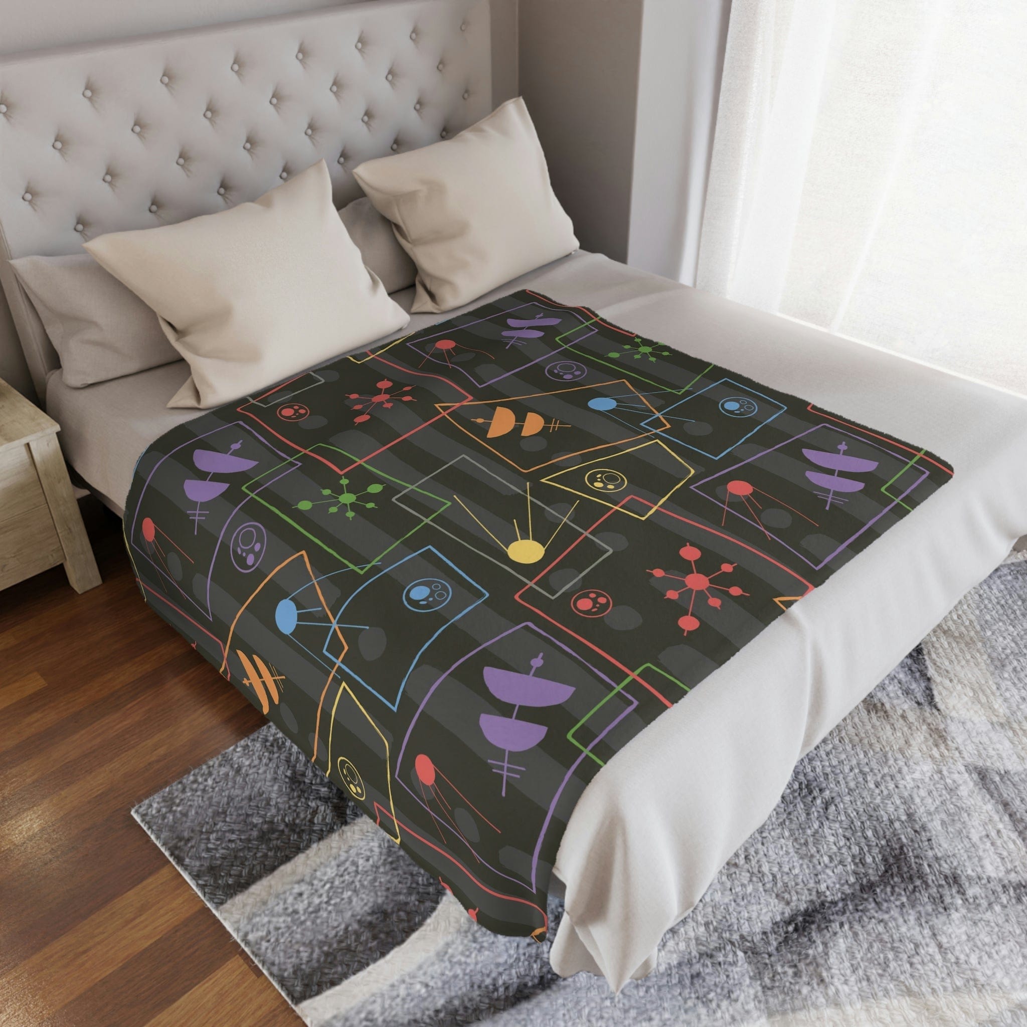 Atomic Space, Astro Stars, Mid Century Modern Gray, Funky Fun Minky Blanket Home Decor 50&quot; × 60&quot;
