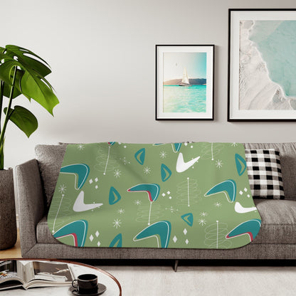 Mid Century Modern Cosmic Designs, Green, Teal, White Boomerang MCM Sherpa Blanket Home Decor 50&quot; × 60&quot; / Beige