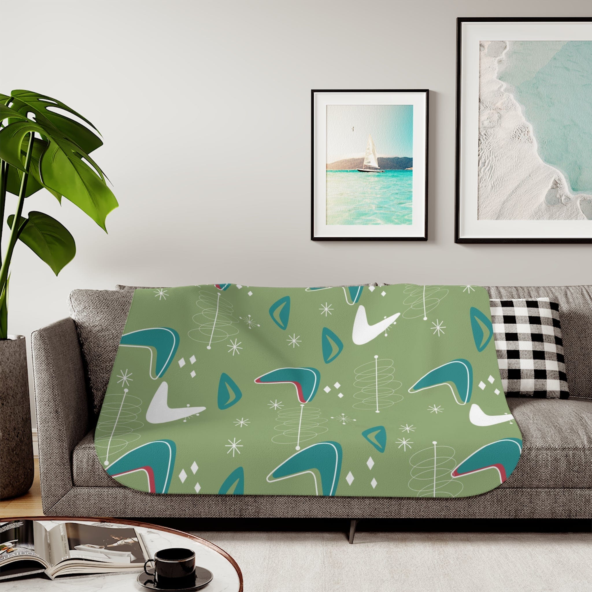 Mid Century Modern Cosmic Designs, Green, Teal, White Boomerang MCM Sherpa Blanket Home Decor 50&quot; × 60&quot; / Grey