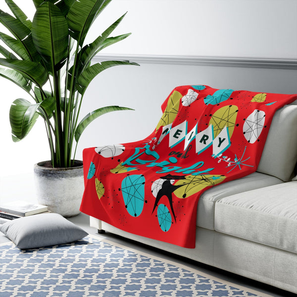Mid Century Atomic Christmas Blanket, Red, Atomic Cat, Starburst Franciscan Pattern Sherpa Fleece Blanket