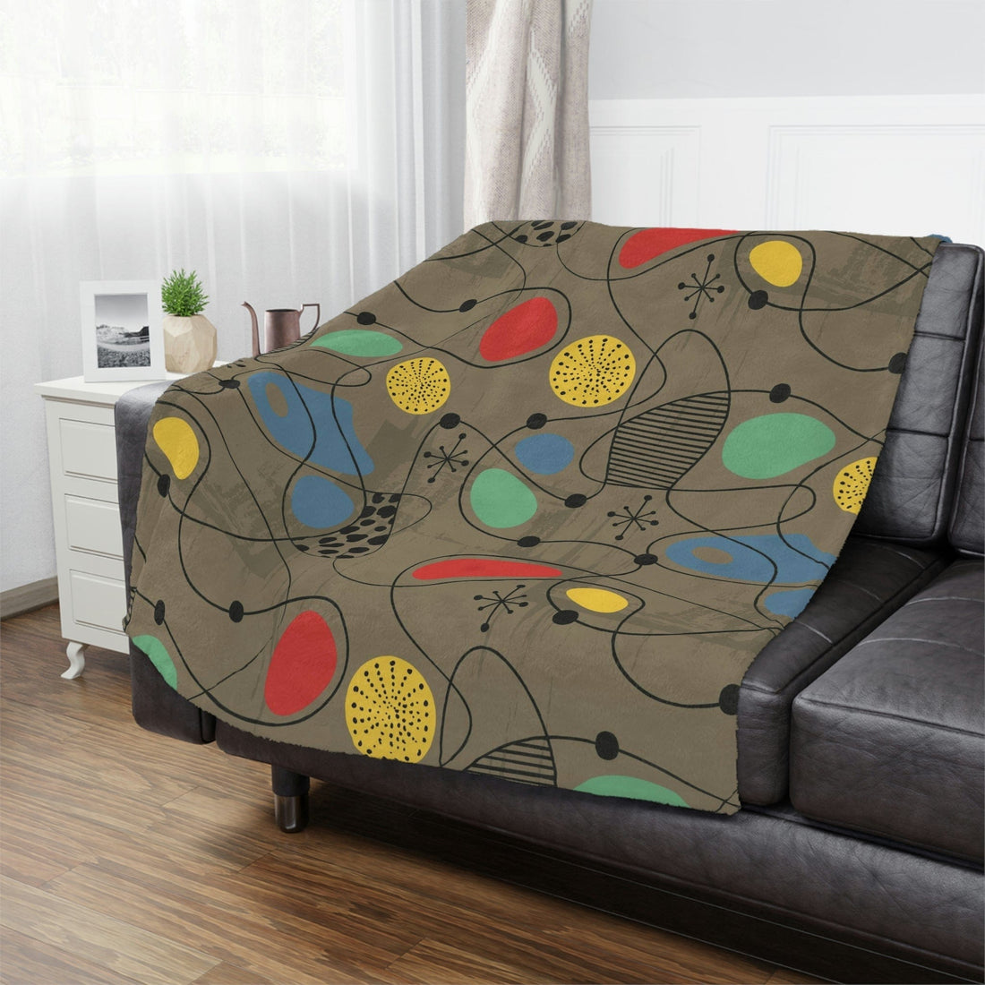 Mid Century Modern Blanket, MCM Home Decor, Sand Brown, Abstract Retro Atomic Starburst Minky Blanket Home Decor 50&quot; × 60&quot;
