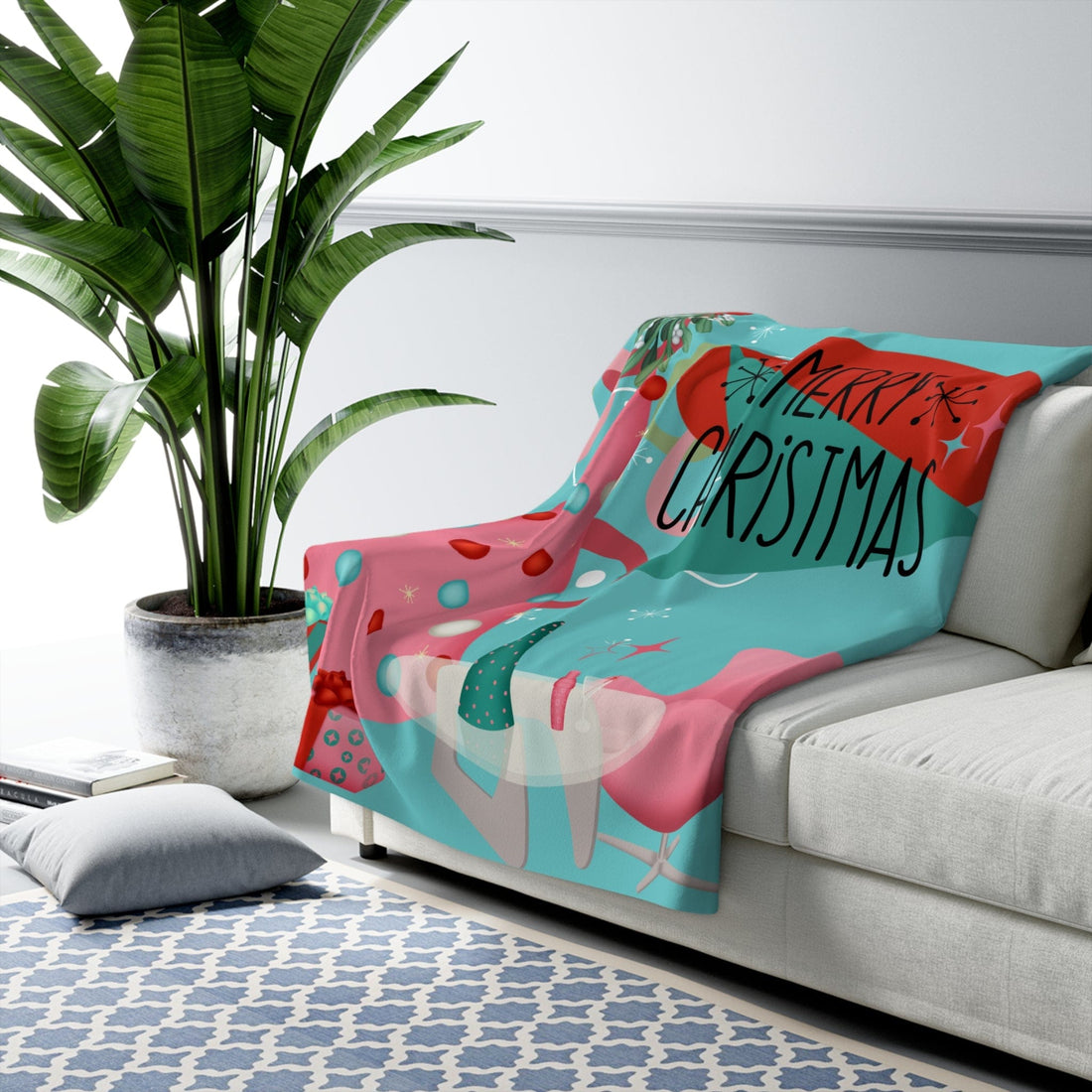 Mid Century Modern Christmas Blanket, Aqua Pink, Whimsical Holiday Kitsch Sherpa Fleece Blanket Home Decor 50&quot; × 60&quot;