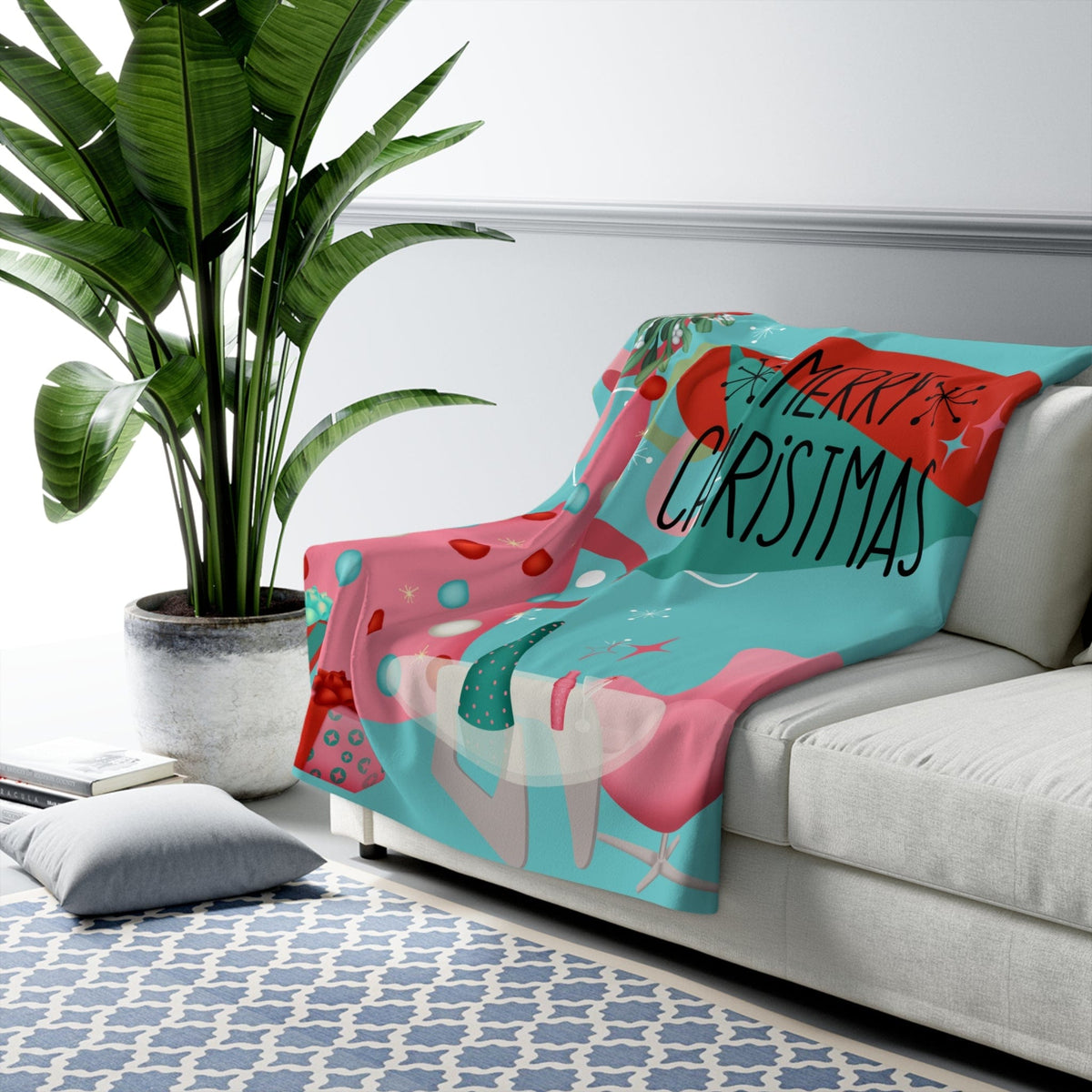 Mid Century Modern Christmas Blanket, Aqua Pink, Whimsical Holiday Kitsch Sherpa Fleece Blanket Home Decor 50" × 60"