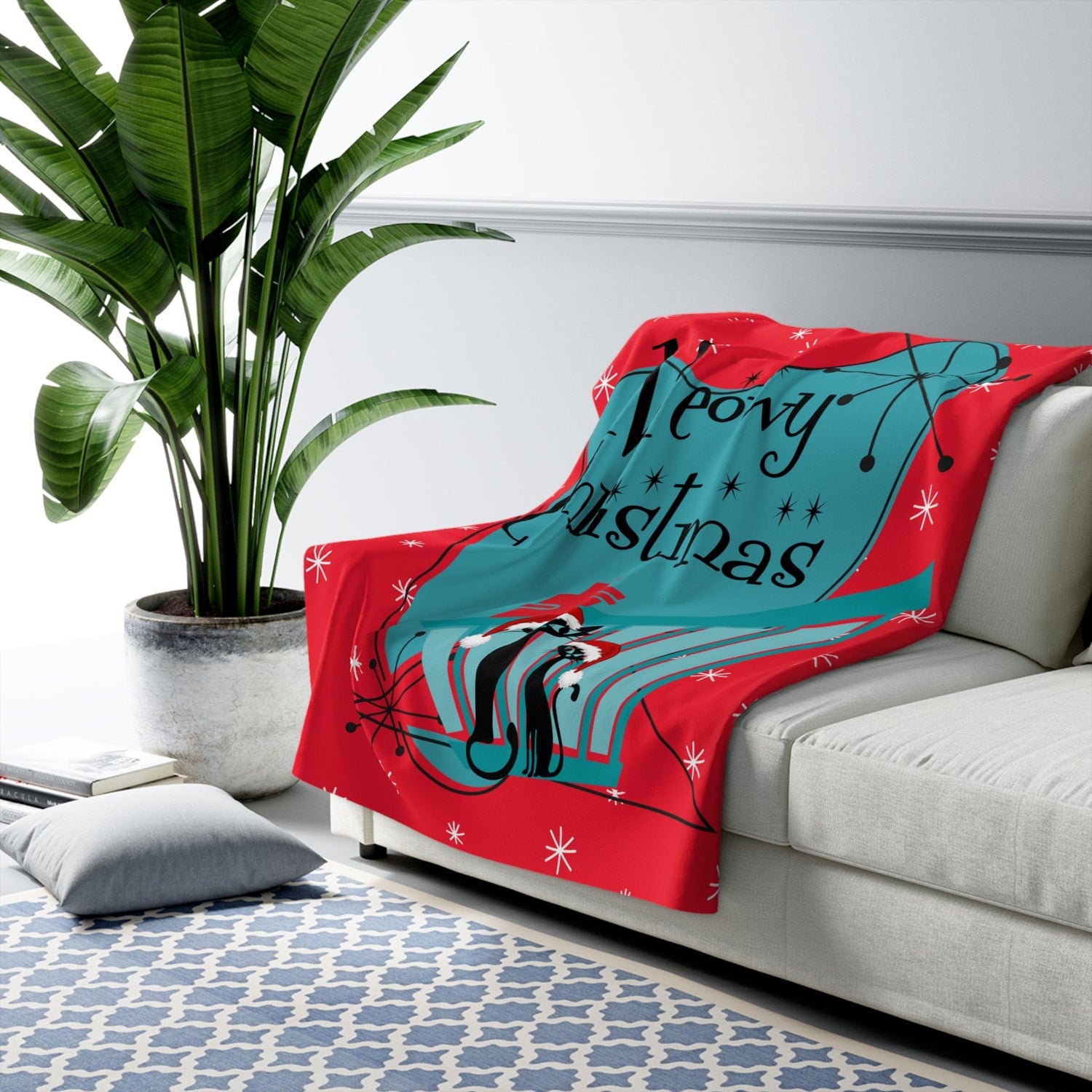 Mid Century Modern Christmas Red, Teal, Kitschy Aomic Cats, Meowy Christmas, Sherpa Fleece Blanket Home Decor 50&quot; × 60&quot;