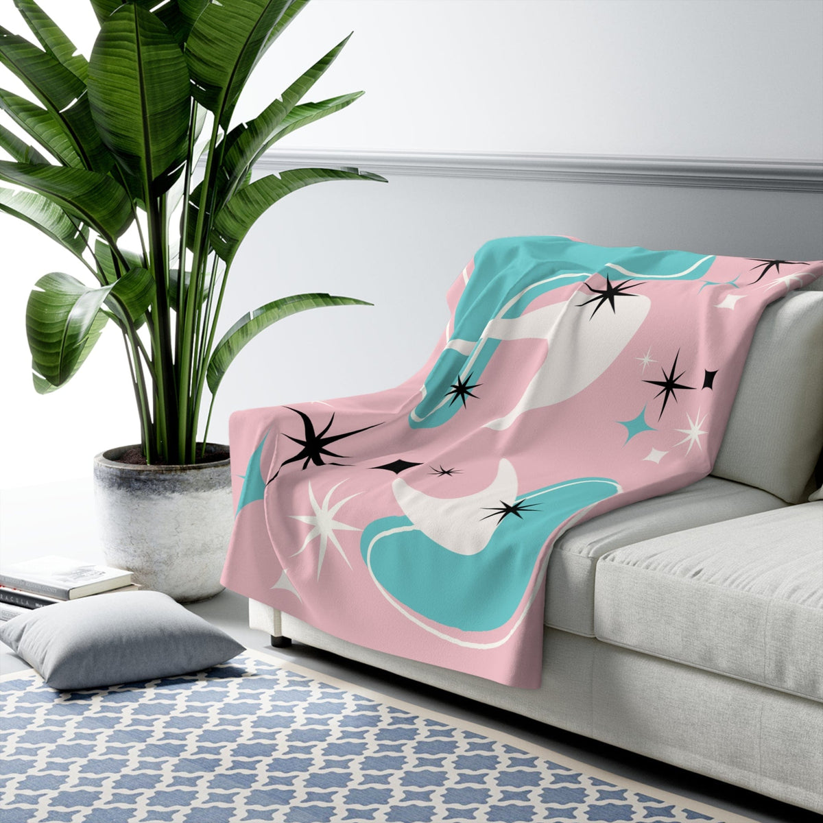 Mid Century Modern Designs, Atomic 50's Pink, Aqua, White Boomerang And Starburst Sherpa Fleece Blanket Home Decor 50" × 60"