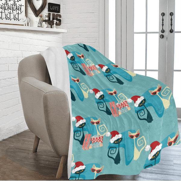 Retro Atomic Cat 50's 60's Christmas Blanket Blue Boomerang Mid Century Modern MCM Home Decor Sherpa Fleece Blanket