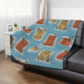 Tiki Time, Tiki Mid Century Modern, Blue, Yellow, Burnt Orange Retro Funky Minky Blanket Home Decor 50" × 60"