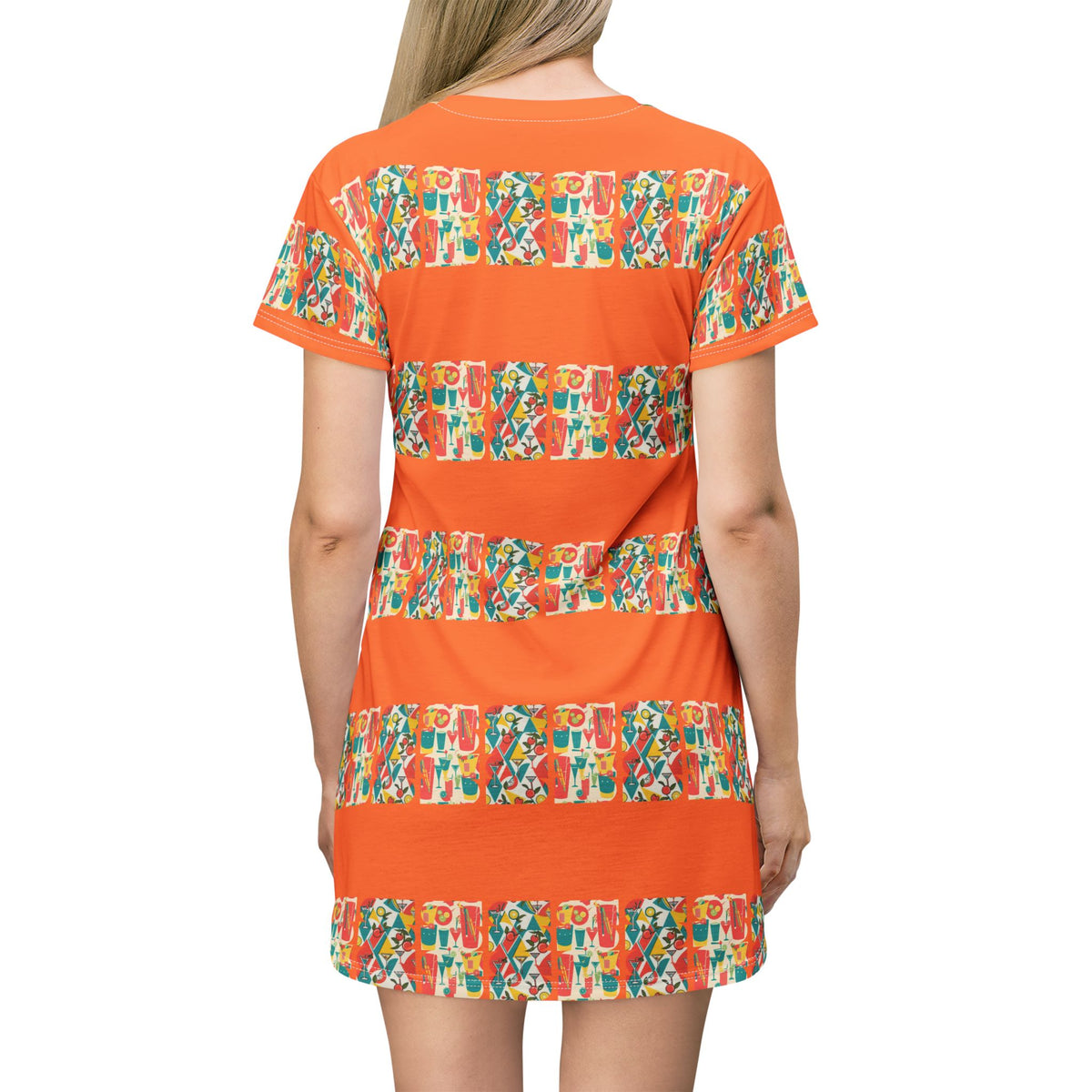 Atomic 60s Mod Gal, Cocktail Hour Retro Vibes T-Shirt Dress With Colorful Print - Mid Century Modern Gal