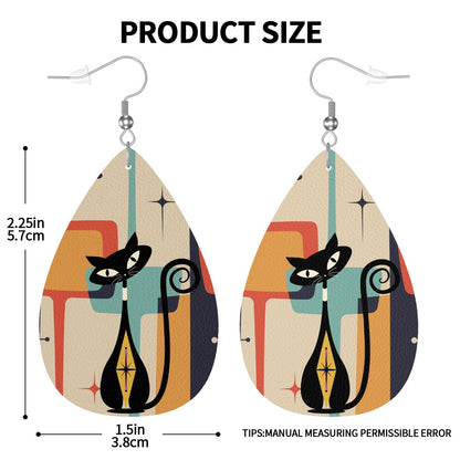 Retro Mod Atomic KIttie Kitschy Cute Vegan Leather Teardrop Earrings - Mid Century Modern Gal