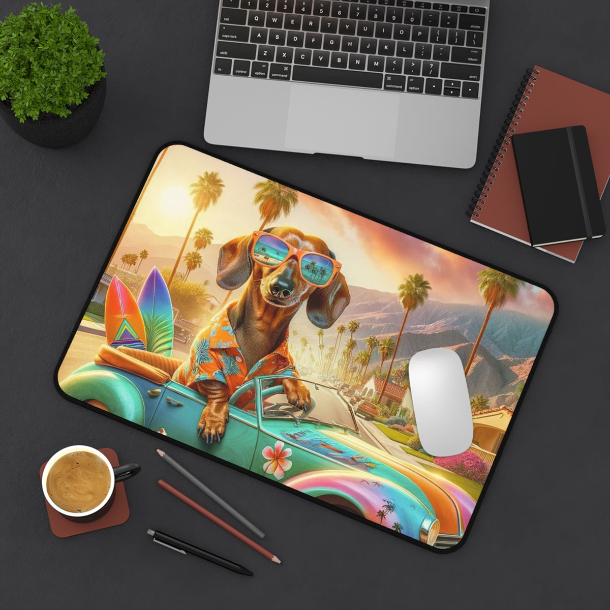 Doxie Dog Mod MCM Palm Spring California Dreaming Desk Mat - Mid Century Modern Gal
